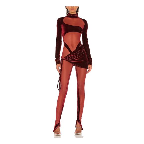 LaQuan Smith Pants - Laquan Smith Draped Oxblood Linear Catsuit Size XS
